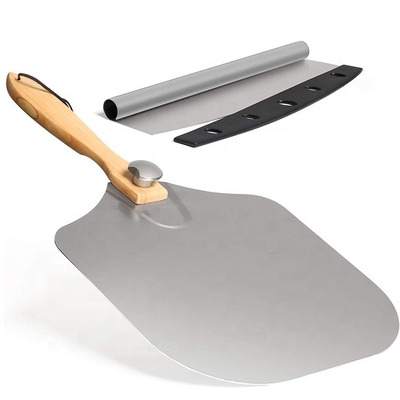12 * 14 Inch Oven Square Pizza Peel Wood Handle Aluminum Pizza Shovel với 14 Inch Stainless Steel Cutter Set